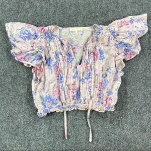 LoveShackFancy Shirt Womens XS Pink Floral Ruffle Smocked Crop Top Boho